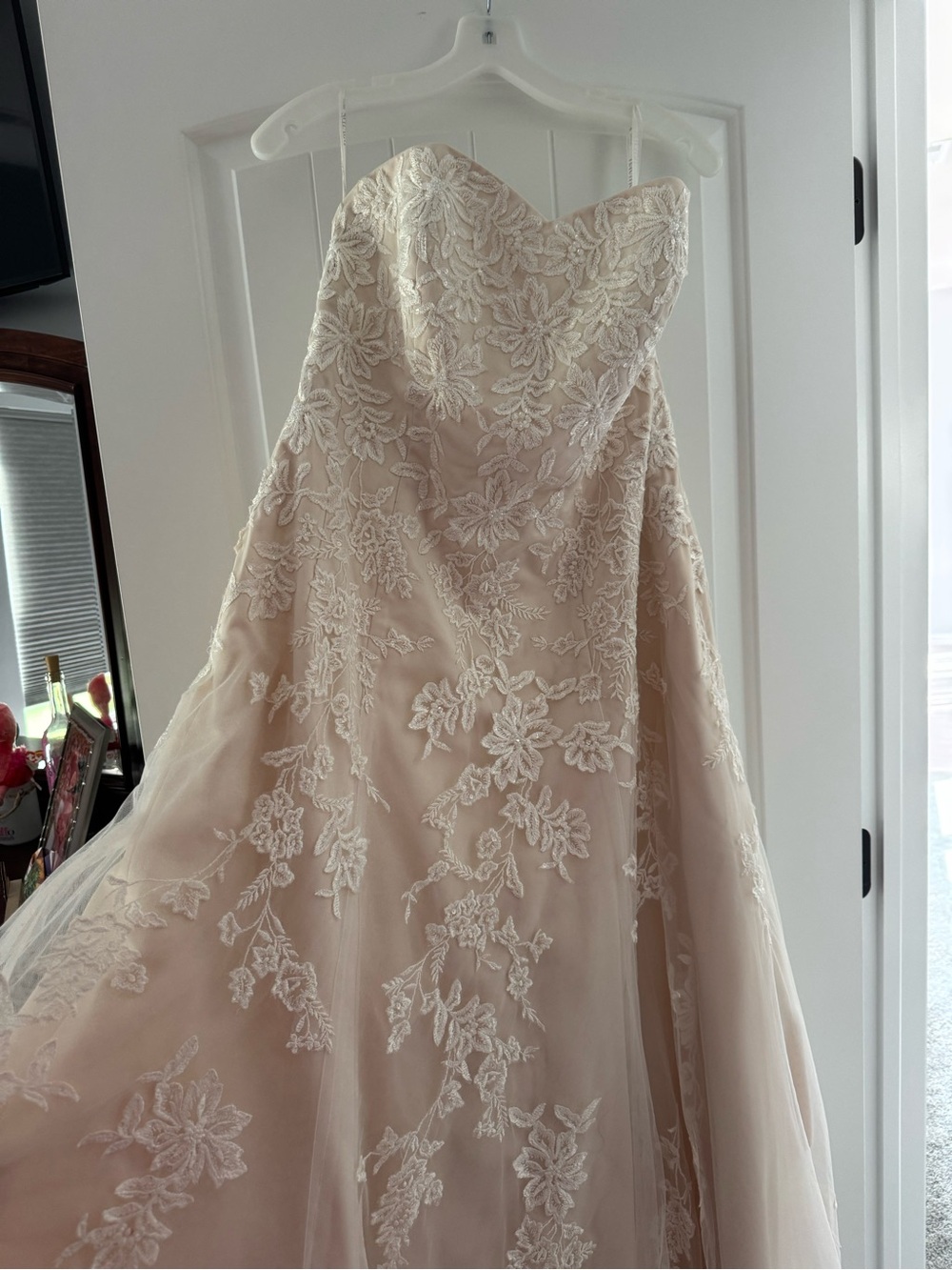 David's Bridal Lace Appliqué Strapless Wedding Gown - ivory with lace
